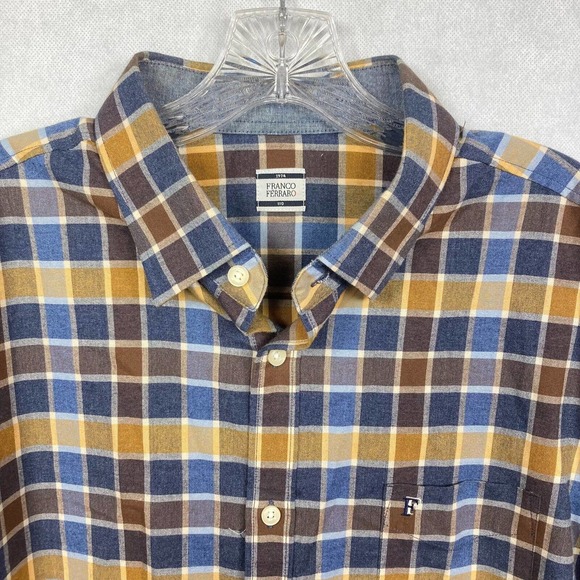 Franco Ferraro Shirt Mens Sz‎ XL 110 Navy Blue Brown Plaid Cotton Button Up - Picture 4 of 8